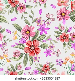 Flores coloridas doces, vermelho, rosa, desenhado à mão, sem costura, em um fundo de luz romântico. Projetado para tecido, moda, têxteis, papel de parede, envoltório de presente