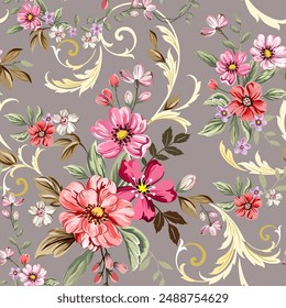 Sweet, colorful flowers, reds, pinks, combined with golden Louis patterns, hand-drawn, seamless, on a gray background. Designed for fabric, fashion, textiles, wallpaper, gift wrap.