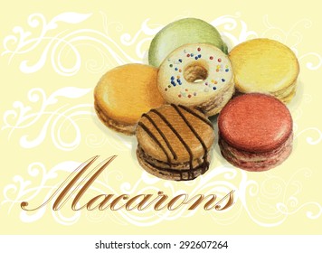 Sweet and colorful french macaroons. Celebration. Invitation card. Vector illustration.