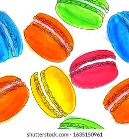Sweet and colorful french macaroons on a white background. Vector illustration of colorful macaroons seamless pattern, template for textile, wrapping paper, coockbook, menu, greeting card.