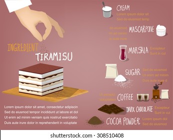  sweet colorful info-graphic beautiful design of tiramisu cake ingredient that consist of cream,mascarpone,marsala,sugar,coffee,dark chocolate and cocoa powder,dessert design concept