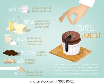  sweet colorful info-graphic beautiful design of souffle cake ingredient that consist of butter,sugar,dark chocolate,eggs and salt,dessert design concept