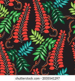 Sweet Colorful Ivy Flowers Leaves Vector Seamless Pattern Elegant Shiny Look Perfect for Fabric Print Wrapping Paper Endless Design Black Background Red Green Tones