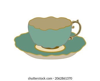 Sweet colorful kitchen household cutlery teacup and plate with spoon. Isolate on white background.Style vintage. Vector illustration.