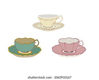 Sweet colorful kitchen household cutlery teacup and plate with spoon. Isolate on white background.Style vintage. Vector illustration.