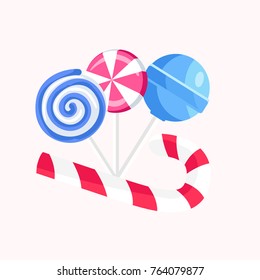 Sweet colorful lollipops isolated on white background. Delicious confectionery products vector illustration. Caramel candies on cane and Christmas candy. Yummy treats for kids and grown ups.