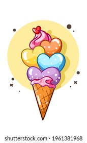 A sweet colorful love ice cream cartoon illustration