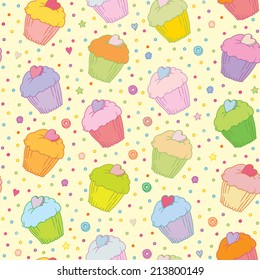 Sweet colorful muffins vector seamless background - you can use it for package design, invitations, flyers, textile, postcards, cards and so on.