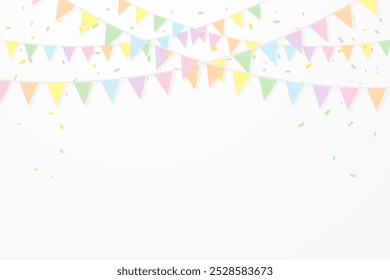 süße bunte Partyfahnen mit winzigen Konfetti auf weißem Hintergrund. Feierliche Veranstaltung und alles Gute zum Geburtstag. Mehrfarbig. Vektorgrafik. Kopienraum