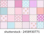 Sweet colorful patchwork seamless pattern from square patches and gingham . Multicolor print for fabrics and textiles.Quilt design, hand made.