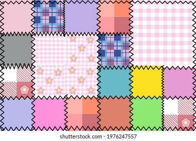 Sweet colorful patchwork seamless pattern from square patches. Multicolor print for fabrics and textiles.Quilt design, hand made. Vector illustration.