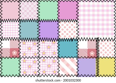 Sweet colorful patchwork seamless pattern from square patches. Multicolor print for fabrics and textiles.Quilt design, hand made. Vector illustration.