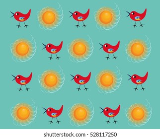 Sweet colorful pattern with red birds and suns 