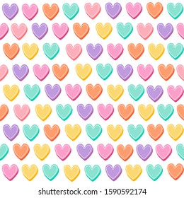 Sweet and colorful seamless pattern. Cute heart shape isolated on white background. Graphic design for valentines, wallpaper, fabric and wrapping.