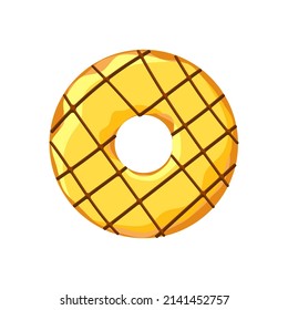 Dulce y colorido, sabroso donut aislado en el fondo blanco. Las tiras de chocolate y las de cristal amarillo dan una vista superior a la rosquilla para la decoración de cafés o el diseño de menús. Deliciosa ilustración vectorial de panadería