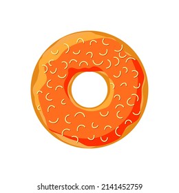 Sweet colorful tasty donut isolated on white background. Orange glazed and sprinkle doughnut top view for cake cafe decoration or menu design. Delicious bakery vector eps illustration