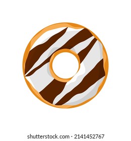 Sweet colorful tasty donut isolated on white background. Milky creamy and chocolate glazed doughnut top view for cake cafe decoration or menu design. Vector flat eps illustration