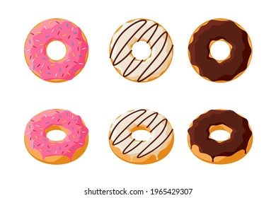 Sweet colorful tasty donut set isolated on white background. Glazed doughnuts top view and 3d collection for cafe decoration or menu design. Pink and chocolate bakery. Vector flat illustration
