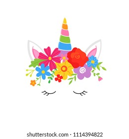 Sweet colorful unicorn vector hand drawn illustration with flower crown, magical rainbow horn, ears, closed eyes with eyelashes, isolated on white.