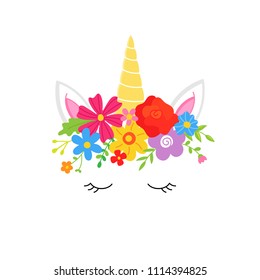 Sweet colorful unicorn vector hand drawn illustration with flower crown, magical gold horn, ears, closed eyes with eyelashes, isolated on white.