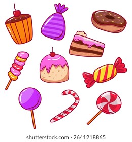 Sweet and Colourful Cartoon Style Various Delicious Candy and Sweets Collection