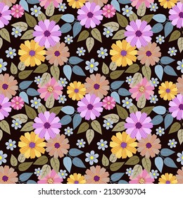 Sweet Colourful Flowers and Leave Design On Dark Brown Background Seamless Pattern for Fabric Textile Wallpaper