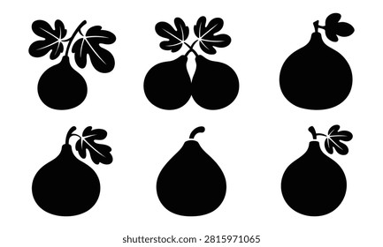 Sweet common fig fruit with leaves and twig. Collection of simple vector black icons. Natural organic food.