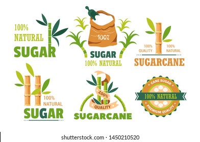 Sweet condiment sugarcane product isolated. vector icons plant sugar organic food sweetener in cube shape or sand structure additive or natural supplement from China plantations premium quality.