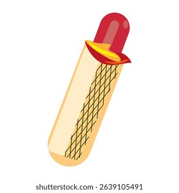 Sweet cone shape. Waffle roll icon. Vector dessert object. Red topping detail.