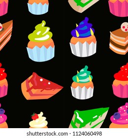 Sweet confectionery vector seamless pattern with different colored cupcakes and cakes