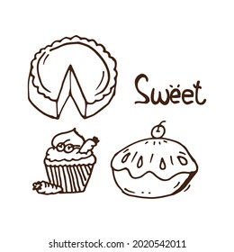 Sweet Confectionery Vector - Whimsical illustration of pastry icons, including cakes, pies, and muffins. Elevate your food-related projects with this charming and visually striking dessert composition