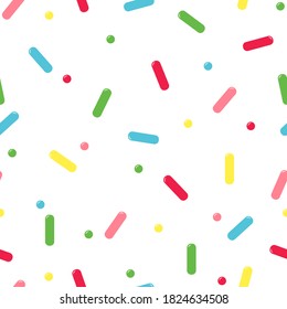 Sweet confetti vector seamless pattern. Сolorful sprinkles background. Abstract texture  for wrapping, wallpaper, textile,  leaflet. Red, Orange, Beige, Blue, Green Donut glaze backdrop.