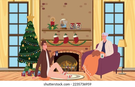 Sweet conversation of grandmother and granddaughter by the fireplace, waiting for the winter New Year's Eve