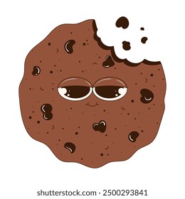 Sweet cookie character with eyes. Chocolate cookie in groovy style. National Dessert Day. Pastries, sweets, dessert. Vector funny cookie with eyes and a smile