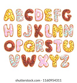 Sweet cookie English alphabet, edible bakery letters in the shape of glazed cookies vector Illustration on a white background