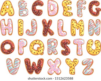 Sweet cookie English alphabet, edible bakery letters in the shape of glazed cookies vector Illustration on a white background