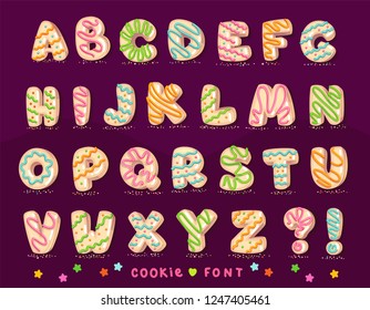 Sweet cookie font. Vector letters baking in colored glaze set