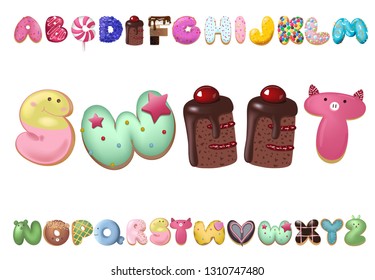 Sweet cookie font. Vector letters baking in colored glaze set