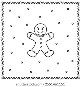 sweet cookie  gingerbread man with smily face icing and buttons black and white linear vector food centerpiece illustration isolated on white dotted background