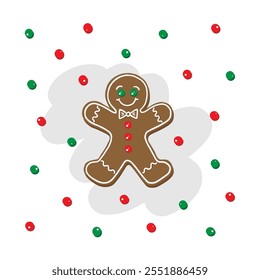 sweet cookie  gingerbread man with smily face icing and buttons colorful vector food centerpiece illustration isolated on white dotted background