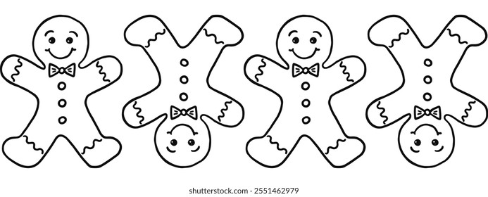 sweet cookie  gingerbread mans with smily face icing and buttons black and white linear vector food  seamless border or pattern isolated on white background