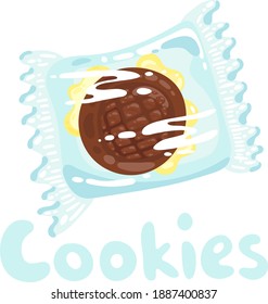 Sweet cookie stock illustration. Cookies with chocolate in plastic wrap clipart. Vector object on white background. Traditional cookies with chocolate topping for one person. Cartoon flat style.