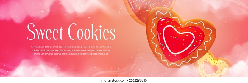 Sweet cookies banner with biscuits in heart shape with icing. Vector horizontal poster for Valentines day or romantic gift with pastry dessert, gingerbread cookies with frosting and sprinkle