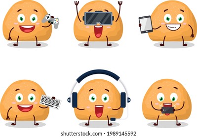 Sweet cookies cartoon character are playing games with various cute emoticons. Vector illustration