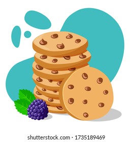 Sweet cookies with chocolate on blue background. Flat vector design. Vector illustration.