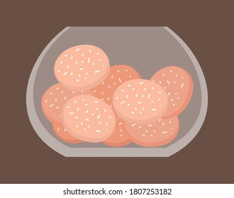Sweet cookies in transparent glass vase, bakery product, cookies with coconut flakes, delicious yummy dessert icon, baking pastry with sugar, snack for children, cartoon flat style web symbol isolated