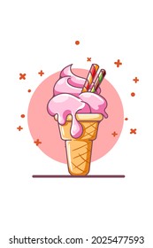 Sweet and cool ice cream with wafer cartoon illustration