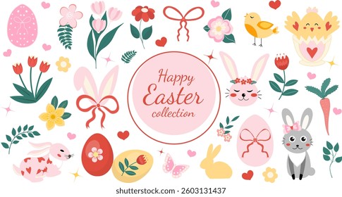 A sweet coquette-style Easter set with hand-drawn flowers, eggs, hearts, and ribbons. Perfect for greeting cards, feminine design projects, and seasonal decorations
