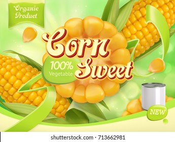 Sweet corn. 3d realistic vector, package design