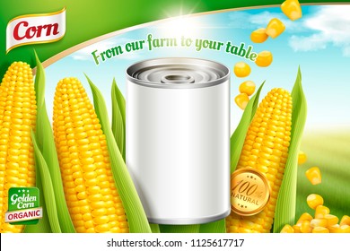 Sweet corn ads with blank tin can and kernels on bokeh green field background in 3d illustration